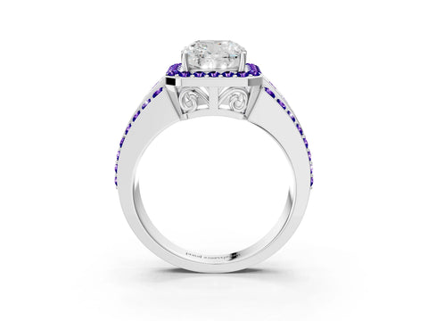 White gold Cushion Cut Halo Diamond Ring with Round with Tanzanite side stone Split Shank and Prong Setting_15