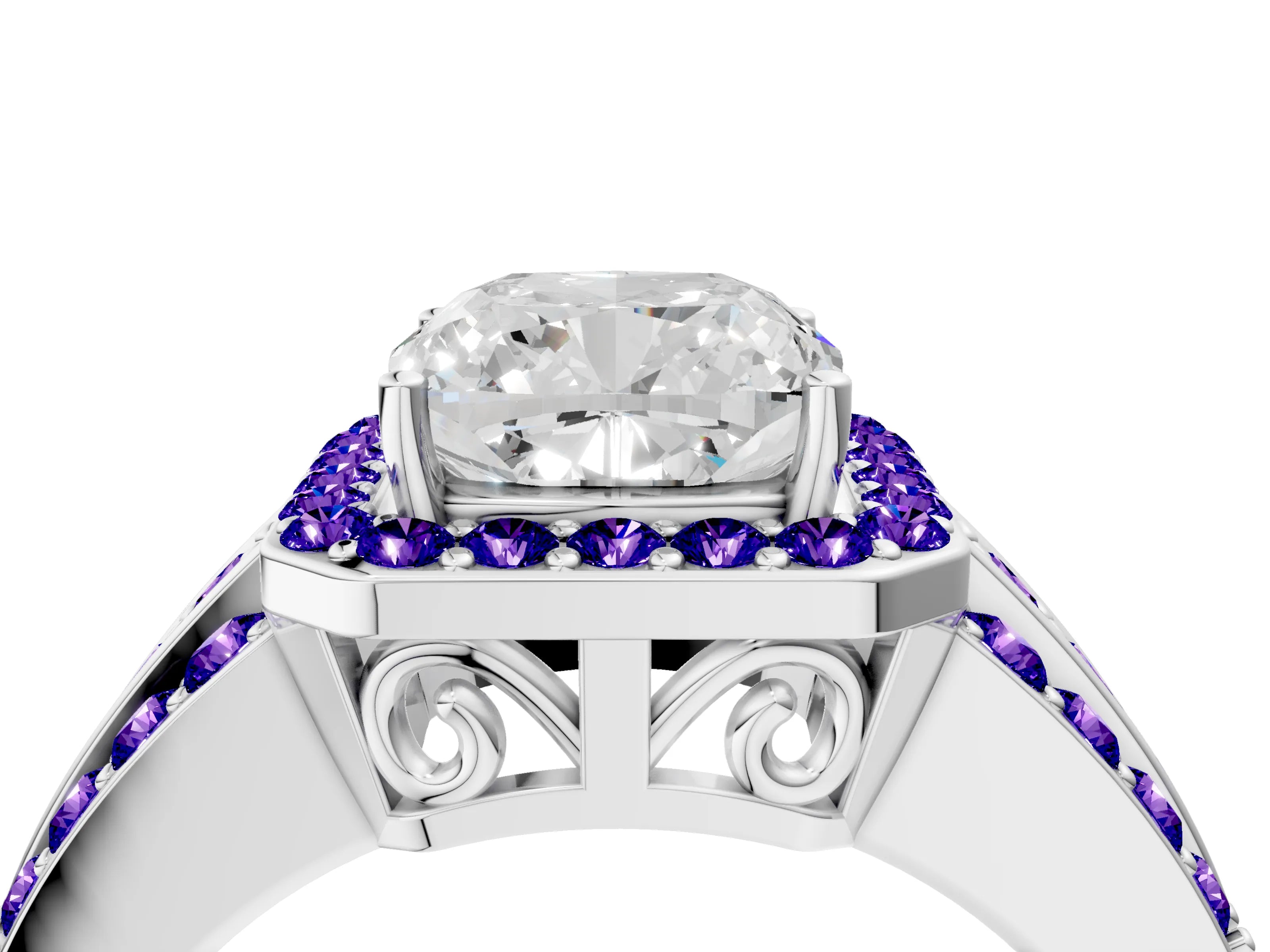 White gold Cushion Cut Halo Diamond Ring with Round with Tanzanite side stone Split Shank and Prong Setting_16