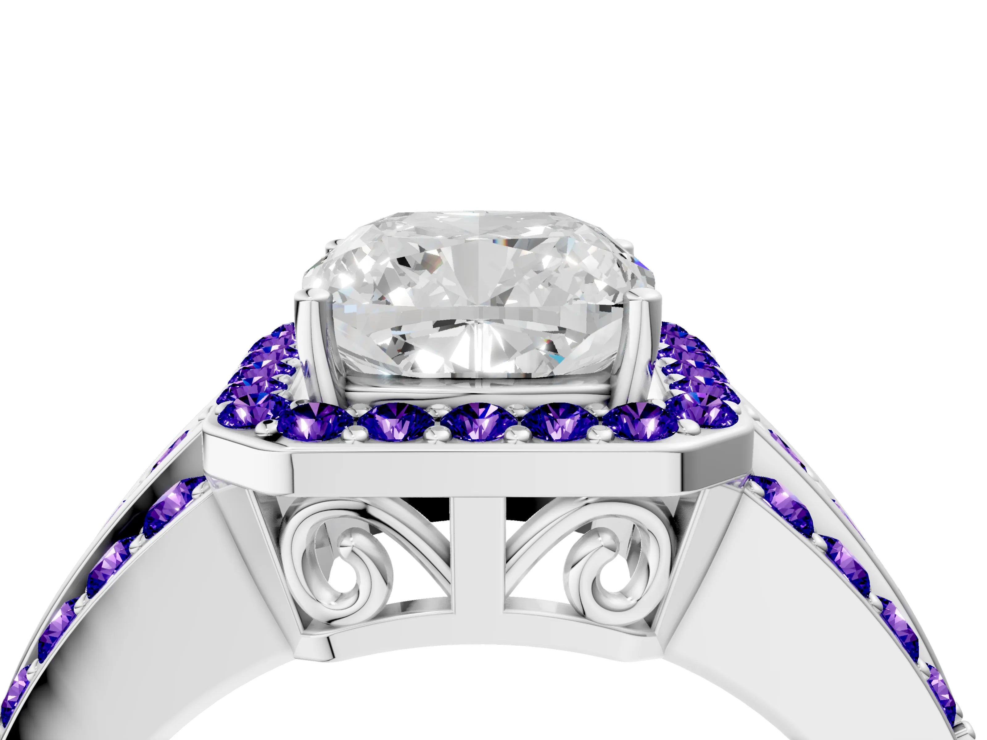 White gold Cushion Cut Halo Diamond Ring with Round with Tanzanite side stone Split Shank and Prong Setting_16