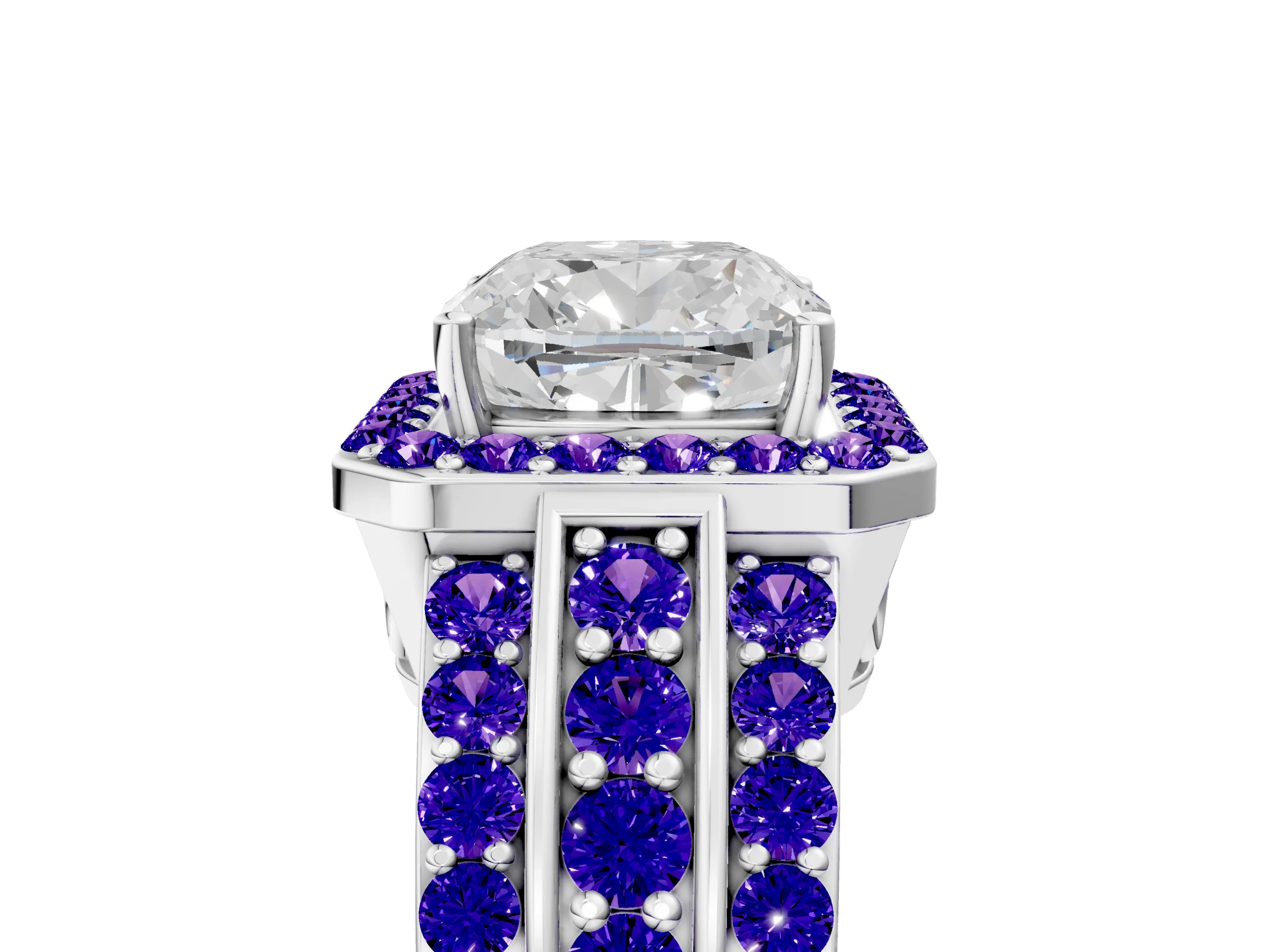 White gold Cushion Cut Halo Diamond Ring with Round with Tanzanite side stone Split Shank and Prong Setting_17