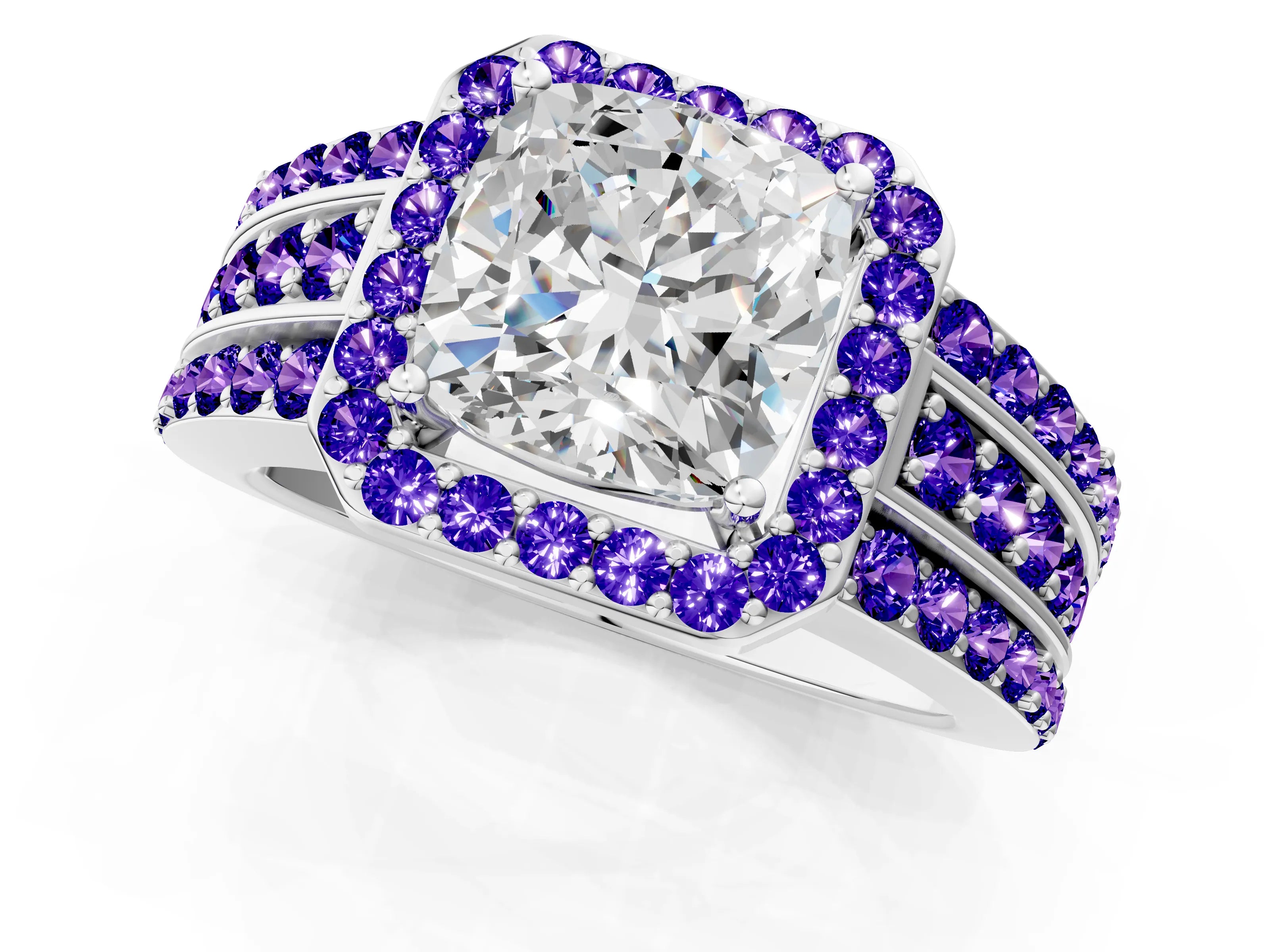 White gold Cushion Cut Halo Diamond Ring with Round with Tanzanite side stone Split Shank and Prong Setting_19