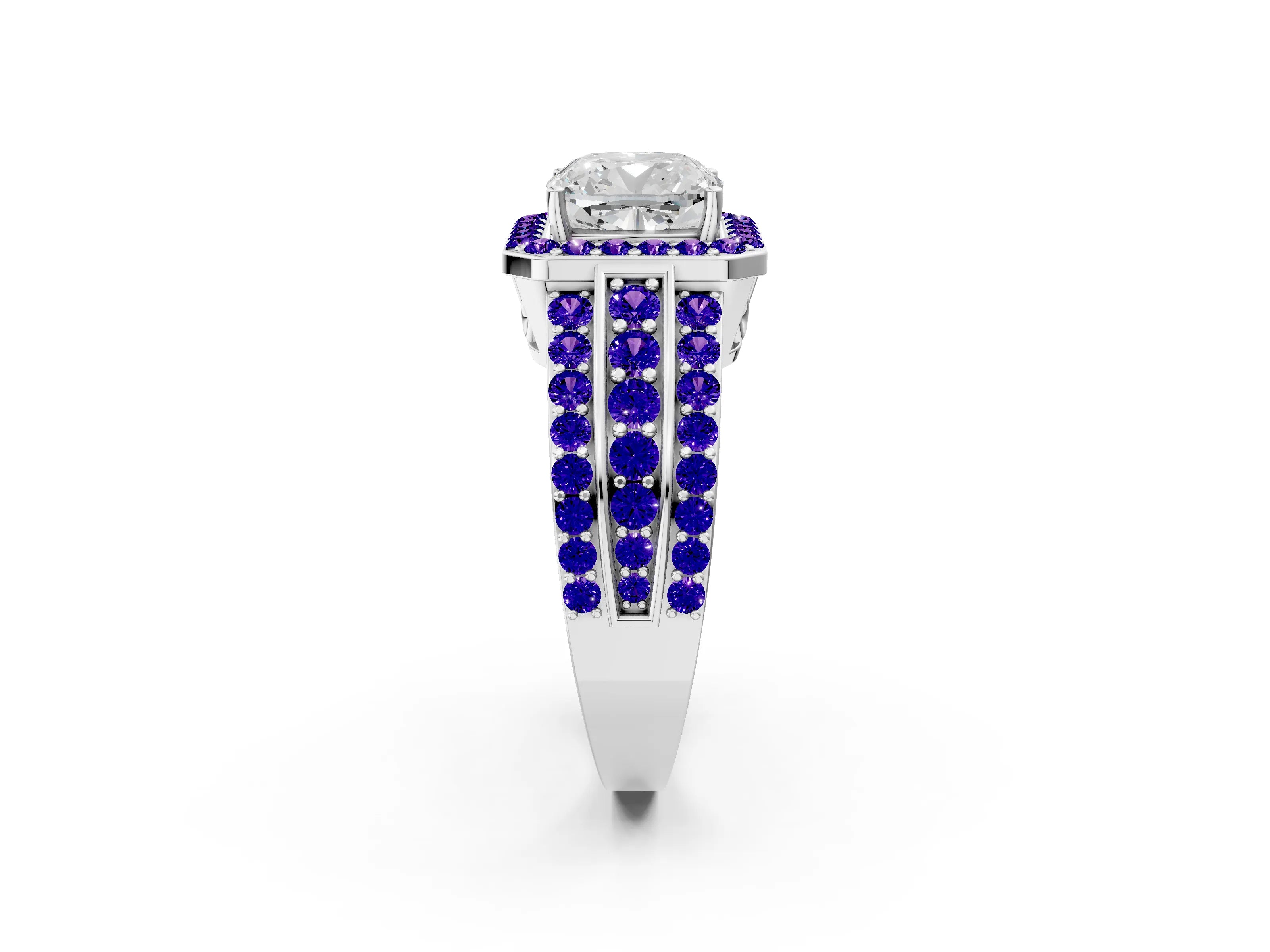 White gold Cushion Cut Halo Diamond Ring with Round with Tanzanite side stone Split Shank and Prong Setting_20