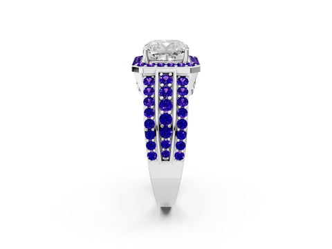 White gold Cushion Cut Halo Diamond Ring with Round with Tanzanite side stone Split Shank and Prong Setting_20