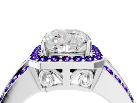White gold Cushion Cut Halo Diamond Ring with Round with Tanzanite side stone Split Shank and Prong Setting_22