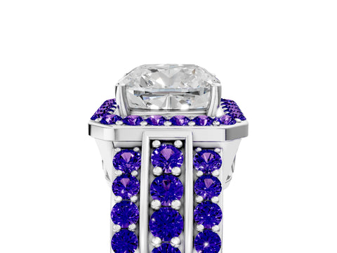 White gold Cushion Cut Halo Diamond Ring with Round with Tanzanite side stone Split Shank and Prong Setting_23