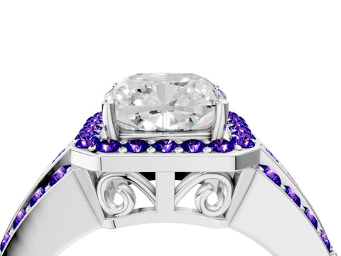 White gold Cushion Cut Halo Diamond Ring with Round with Tanzanite side stone Split Shank and Prong Setting_4