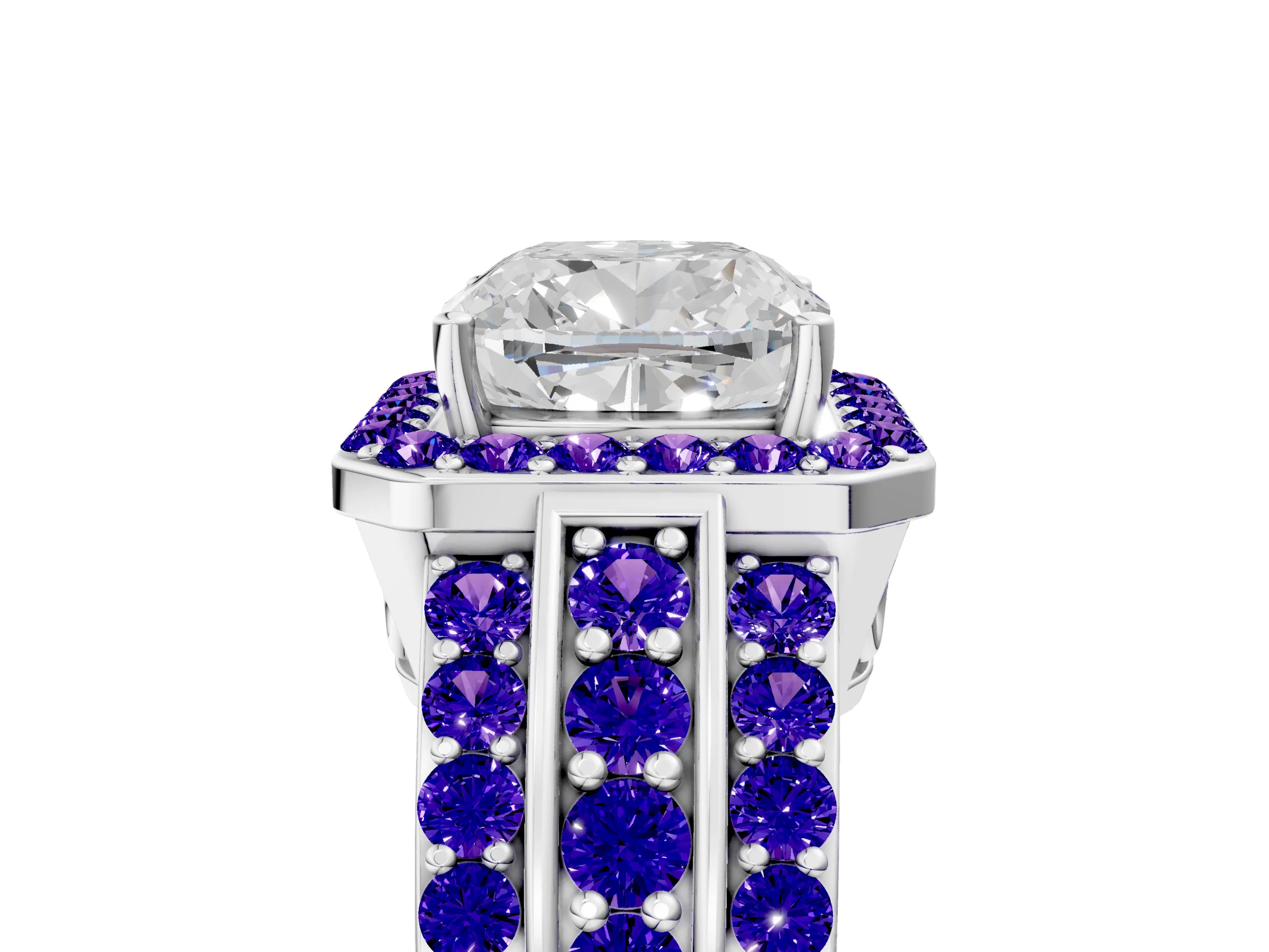 White gold Cushion Cut Halo Diamond Ring with Round with Tanzanite side stone Split Shank and Prong Setting_5