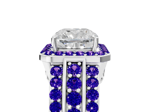 White gold Cushion Cut Halo Diamond Ring with Round with Tanzanite side stone Split Shank and Prong Setting_5