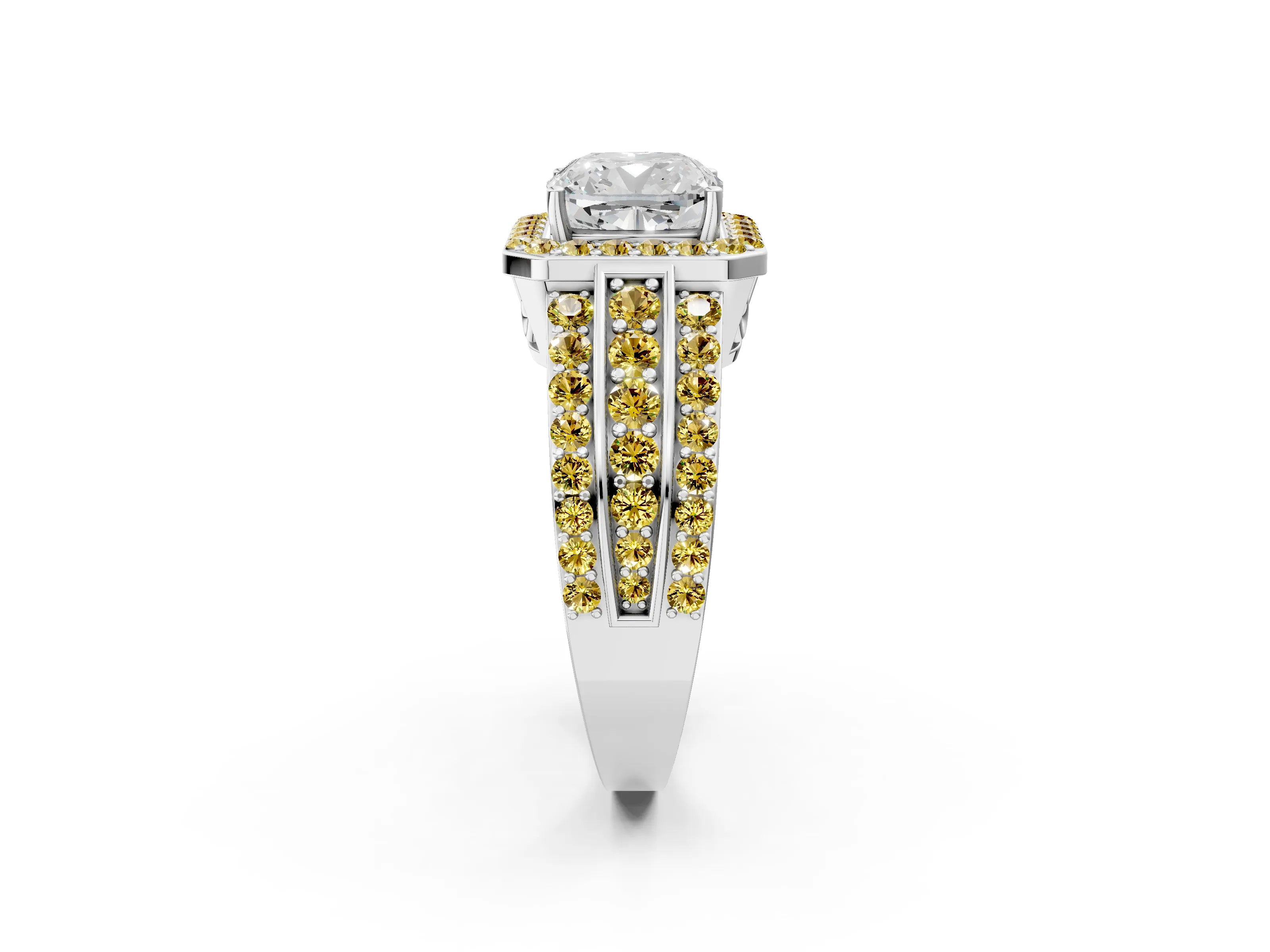 White gold Cushion Cut Halo Diamond Ring with Round with Yellow Sapphire side stone Split Shank and Prong Setting_26