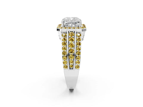 White gold Cushion Cut Halo Diamond Ring with Round with Yellow Sapphire side stone Split Shank and Prong Setting_26