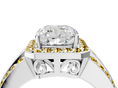 White gold Cushion Cut Halo Diamond Ring with Round with Yellow Sapphire side stone Split Shank and Prong Setting_28