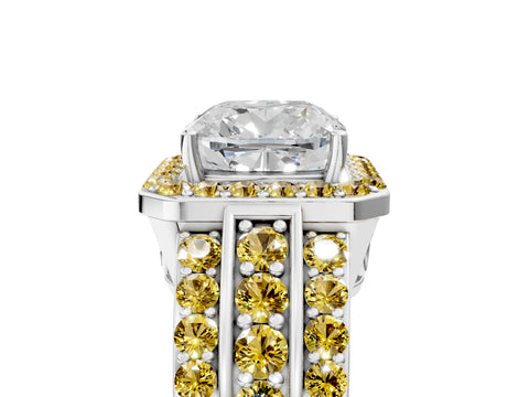 White gold Cushion Cut Halo Diamond Ring with Round with Yellow Sapphire side stone Split Shank and Prong Setting_29