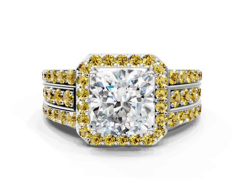 White gold Cushion Cut Halo Diamond Ring with Round with Yellow Sapphire side stone Split Shank and Prong Setting_36