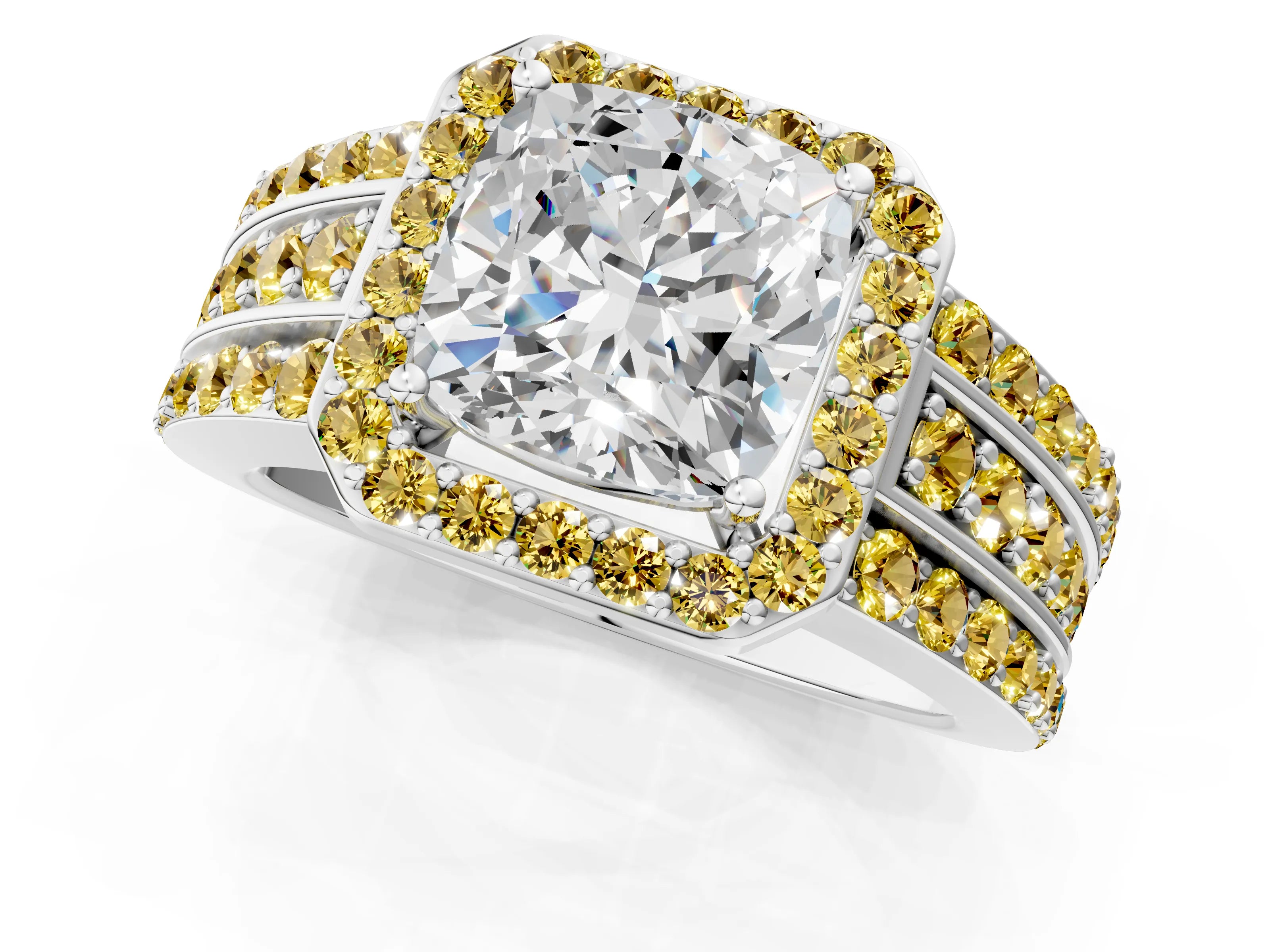 White gold Cushion Cut Halo Diamond Ring with Round with Yellow Sapphire side stone Split Shank and Prong Setting_37