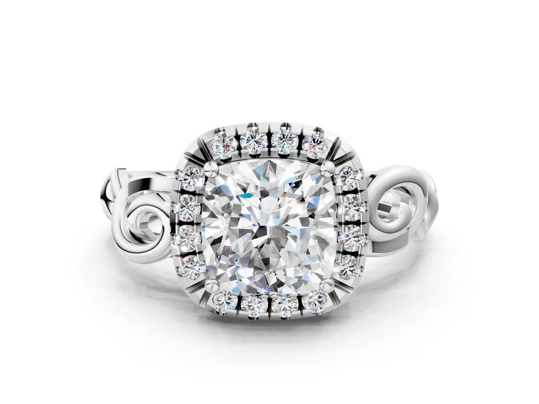 White gold Cushion Cut Halo Diamond Ring with Scrollwork Band and Four-Prong Setting_57
