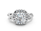White gold Cushion Cut Halo Diamond Ring with Scrollwork Band and Four-Prong Setting_57
