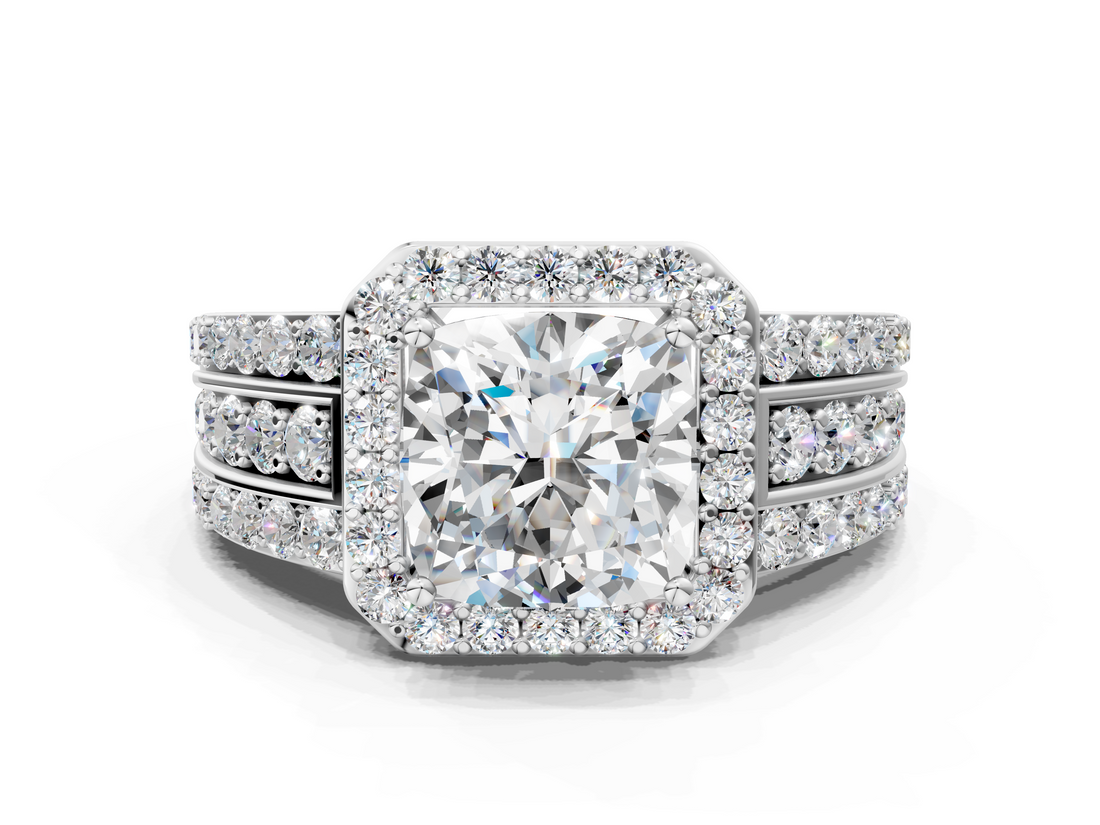 14K White Gold 3.04 Carat D VVS1 Cushion-Cut Halo Diamond Ring with Split Shank and Four-Prong Setting