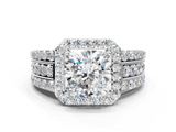 14K White Gold 3.04 Carat D VVS1 Cushion-Cut Halo Diamond Ring with Split Shank and Four-Prong Setting