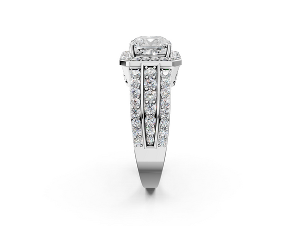 14K White Gold 7.03 Carat E VVS2 Cushion-Cut Halo Diamond Ring with Split Shank and Four-Prong Setting