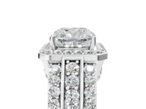 14K White Gold 7.03 Carat E VVS2 Cushion-Cut Halo Diamond Ring with Split Shank and Four-Prong Setting