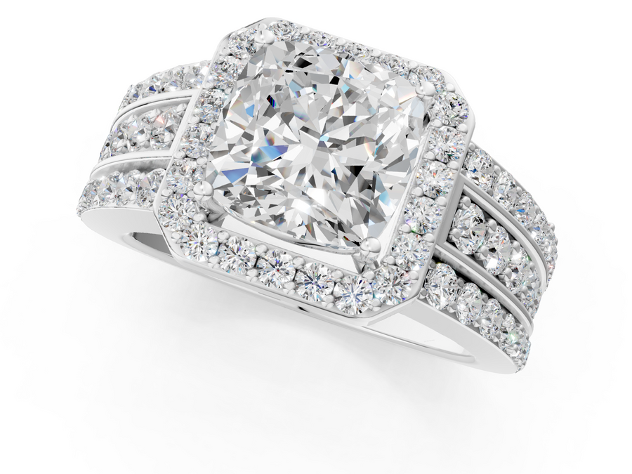 White gold Cushion-Cut Halo Diamond Ring with Split Shank and Four-Prong Setting