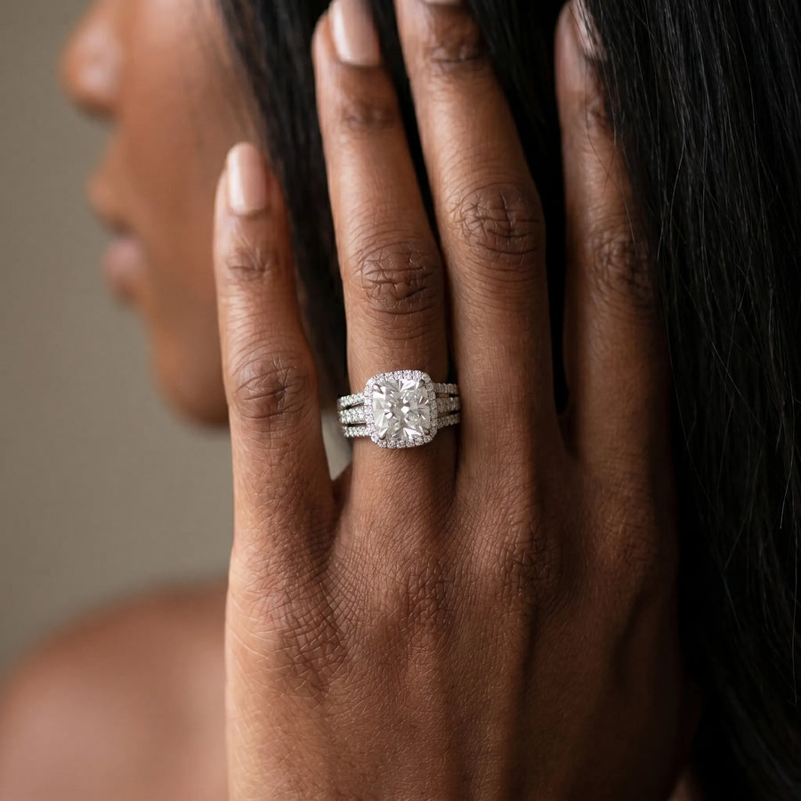 White gold Cushion Cut Halo Diamond Ring with Round  Split Shank and Prong Setting