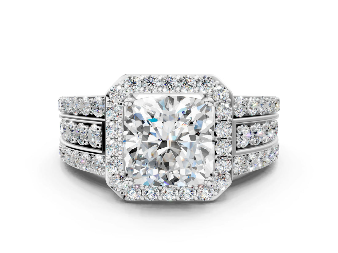 White gold Cushion Cut Halo Diamond Ring with Split Shank and Four-Prong Setting_234