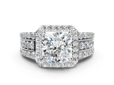 Platinum 4.07 Carat D VVS2 Cushion Halo Diamond Ring with Round  Split Shank and Prong Setting
