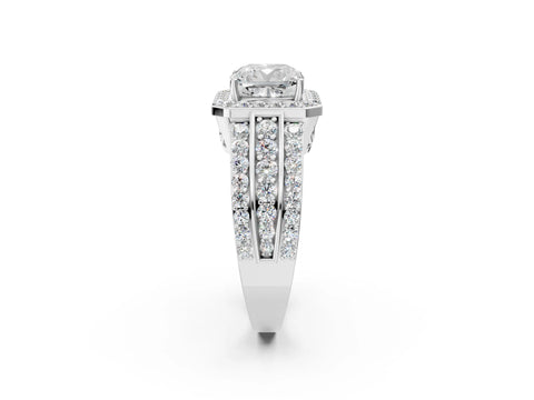 Platinum 4.07 Carat D VVS2 Cushion Halo Diamond Ring with Round  Split Shank and Prong Setting