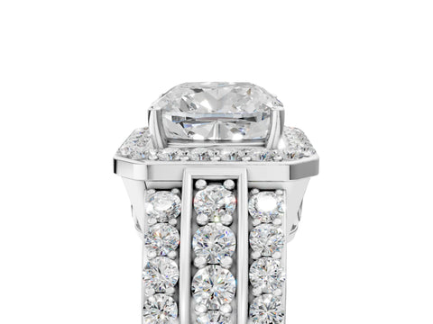 Platinum 4.07 Carat D VVS2 Cushion Halo Diamond Ring with Round  Split Shank and Prong Setting