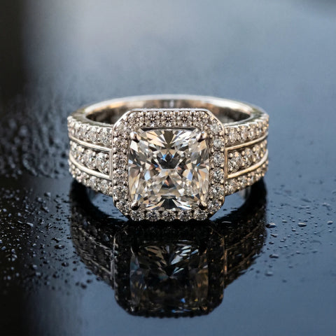 Platinum 4.07 Carat D VVS2 Cushion Halo Diamond Ring with Round  Split Shank and Prong Setting