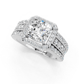 14K White Gold 6.07 Carat E VS1 Cushion-Cut Halo Diamond Ring with Split Shank and Four-Prong Setting