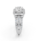 14K White Gold 6.07 Carat E VS1 Cushion-Cut Halo Diamond Ring with Split Shank and Four-Prong Setting