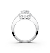 14K White Gold 6.07 Carat E VS1 Cushion-Cut Halo Diamond Ring with Split Shank and Four-Prong Setting