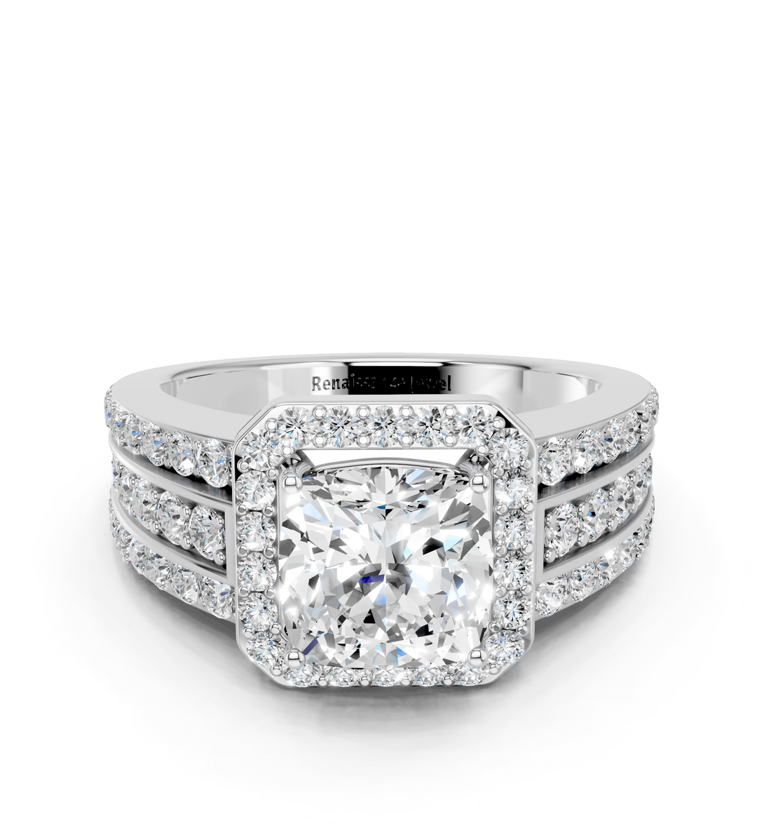 14K White Gold 6.07 Carat E VS1 Cushion-Cut Halo Diamond Ring with Split Shank and Four-Prong Setting