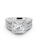 14K White Gold 6.07 Carat E VS1 Cushion-Cut Halo Diamond Ring with Split Shank and Four-Prong Setting