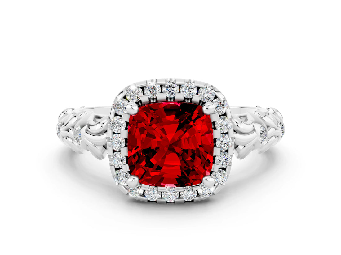 White gold Cushion Cut Halo Diamond Solitaire with Filigree Band and Four-Prong Setting
