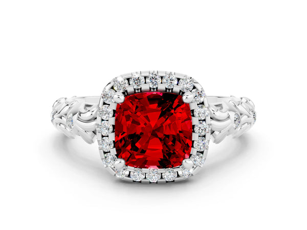 Platinum Cushion Cut Ruby Halo Ring with Filigree Band and Prong Setting