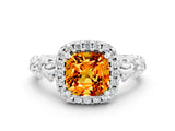 White gold Cushion Cut Halo Diamond Solitaire with Filigree Band and Four-Prong Setting