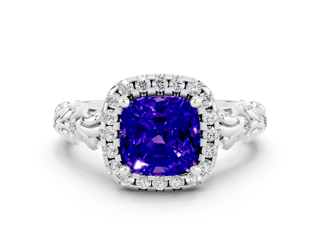 White gold Cushion Cut Halo Diamond Solitaire with Filigree Band and Four-Prong Setting