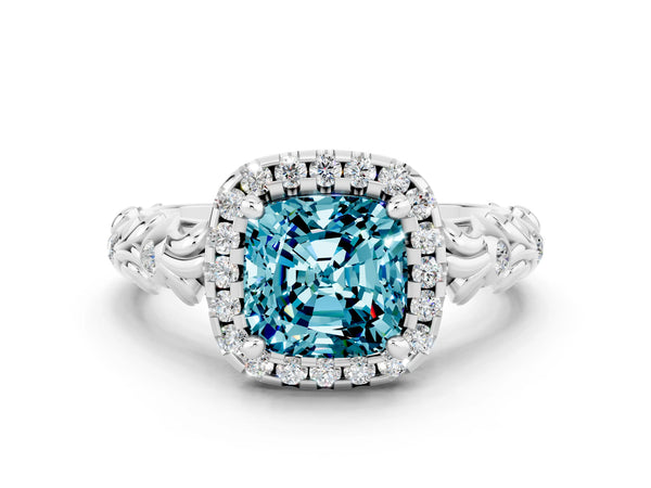 Platinum Cushion Cut Halo Diamond Solitaire with Filigree Band and Four-Prong Setting