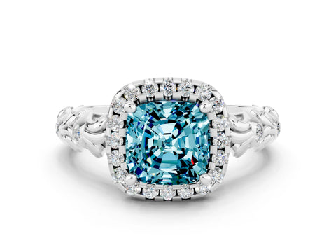 White gold Cushion Cut Halo Diamond Solitaire with Filigree Band and Four-Prong Setting