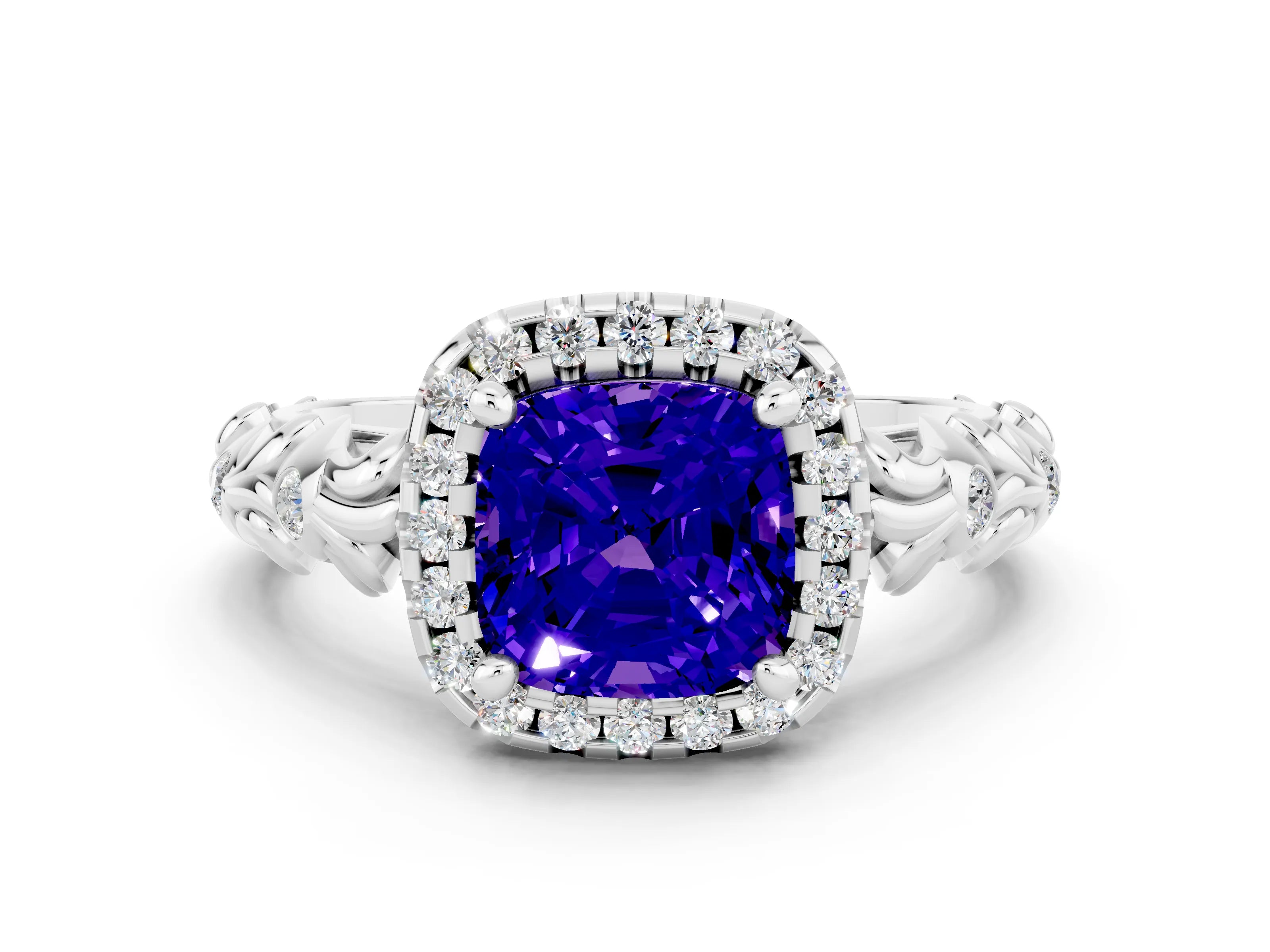 White gold Cushion Cut Halo Diamond Solitaire with Filigree Band and Four-Prong Setting