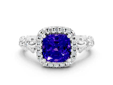 White gold Cushion Cut Halo Diamond Solitaire with Filigree Band and Four-Prong Setting