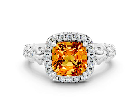 White gold Cushion Cut Halo Diamond Solitaire with Filigree Band and Four-Prong Setting