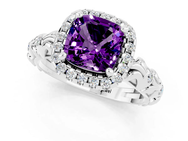 White gold Cushion Cut Amethyst Halo Ring with Filigree Band and Prong Setting