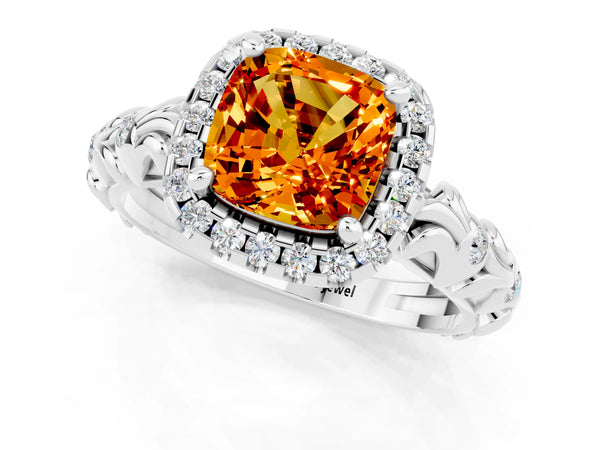 Platinum Cushion Cut Citrine Halo Ring with Filigree Band and Prong Setting