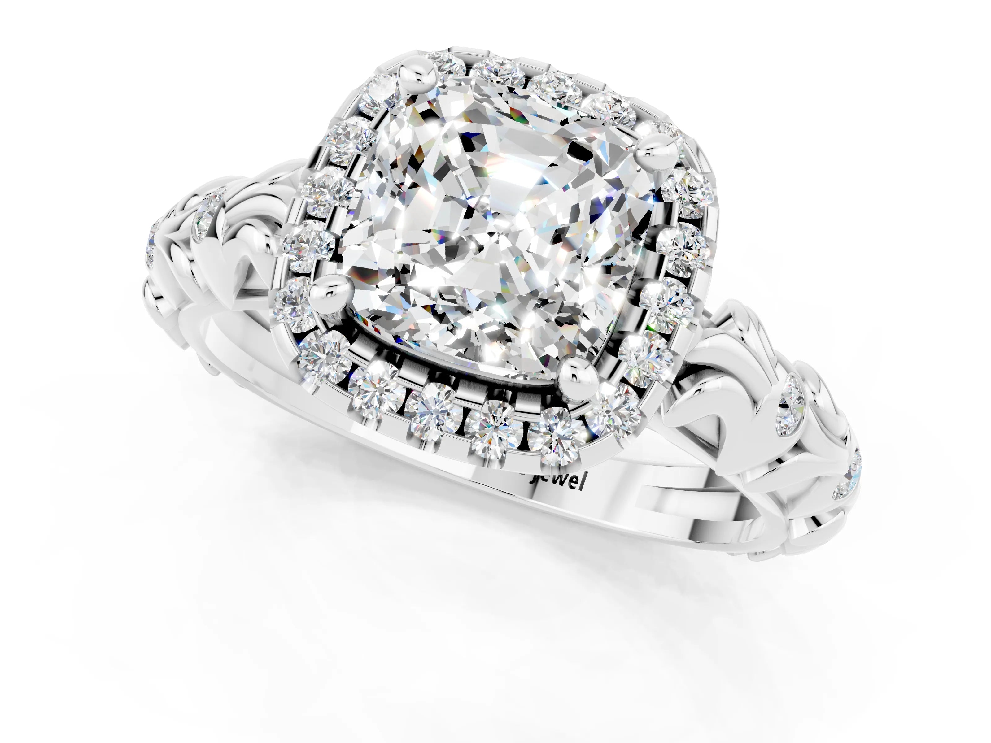 White gold Cushion Cut Halo Diamond Solitaire with Filigree Band and Four-Prong Setting_1