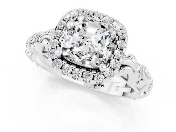 Silver Cushion Cut Moissanite Halo Ring with Filigree Band and Prong Setting