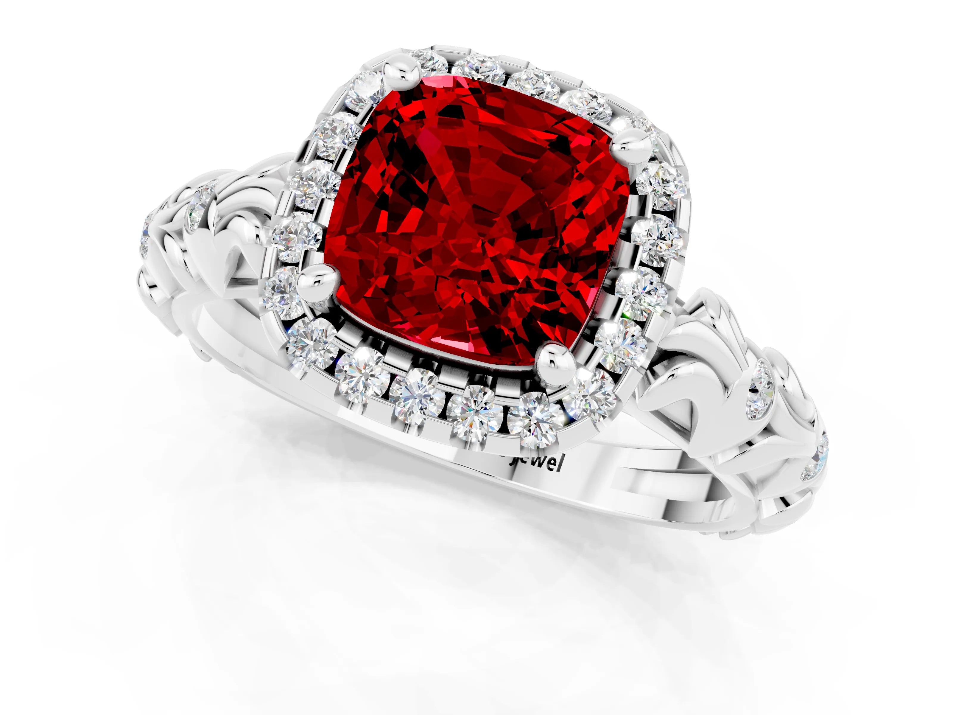 White gold Cushion Cut Halo Diamond Solitaire with Filigree Band and Four-Prong Setting_1